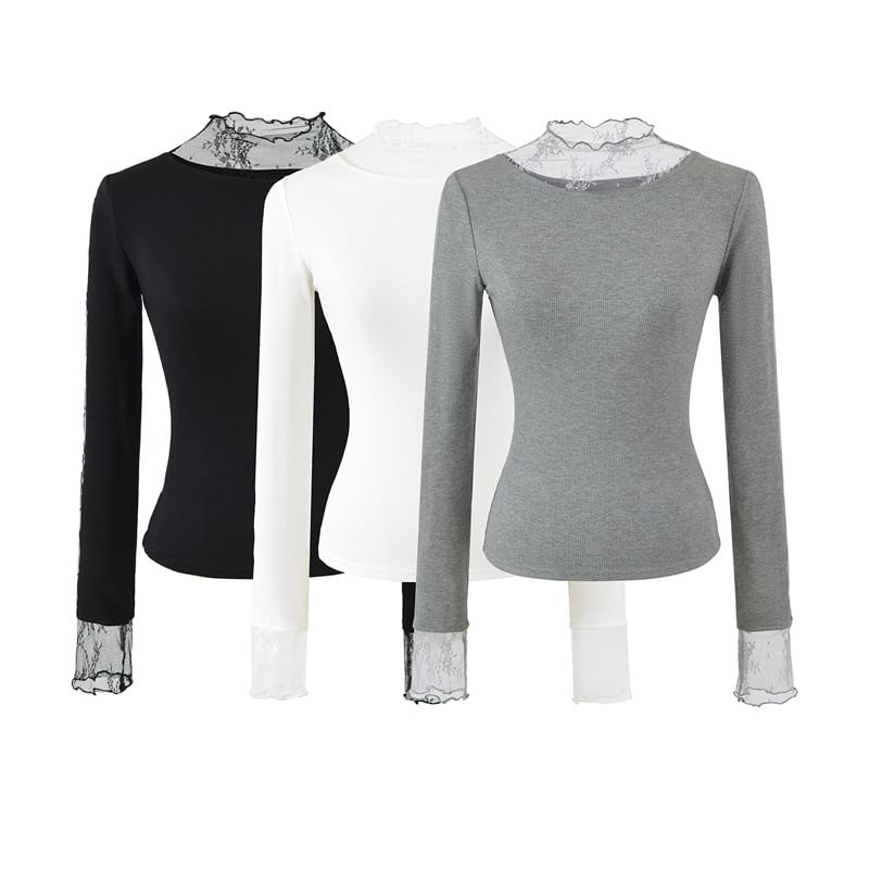 Mock Neck Lace Insert Long Sleeve Fitted Tee