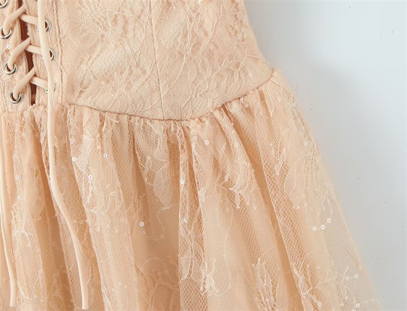 Spaghetti Strap V-Neck Sequin Lace-Up Lace Mini A-Line Dress