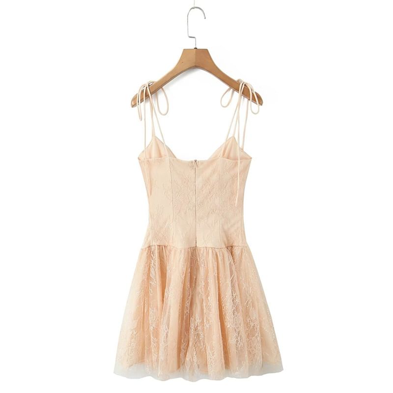 Spaghetti Strap V-Neck Sequin Lace-Up Lace Mini A-Line Dress