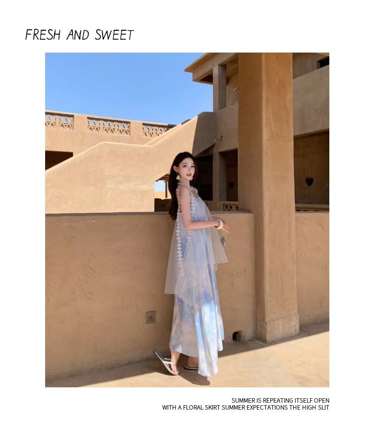 Spaghetti Strap Tie Dye Mesh Panel Open Back Midi Smock Dress