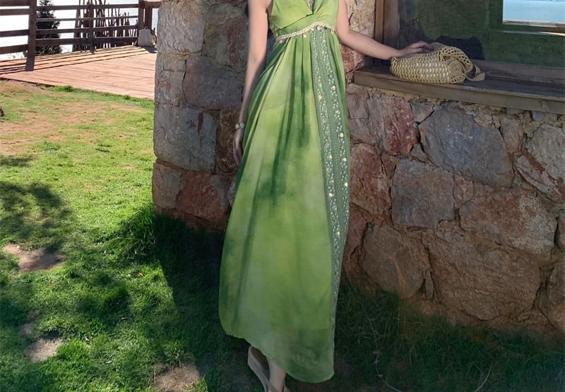 Spaghetti Strap V-Neck Tie Dye Lace Panel Beaded Open Back Maxi A-Line Dress