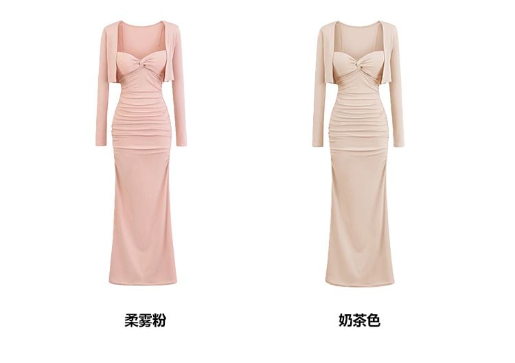 Set: Spaghetti Strap Plain Ruched Padded Maxi Sheath Dress + Open Front Bolero Cardigan