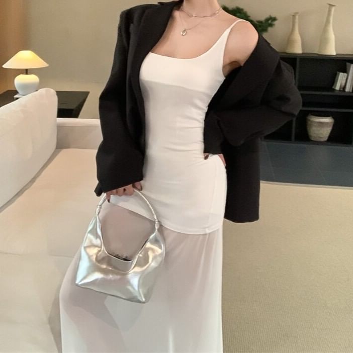 Spaghetti Strap Scoop Neck Plain Ruched Maxi A-Line Dress