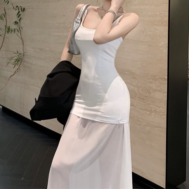 Spaghetti Strap Scoop Neck Plain Ruched Maxi A-Line Dress