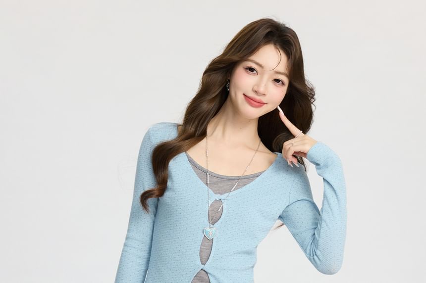 Color-Block Faux Layered Long Sleeve Slim Top