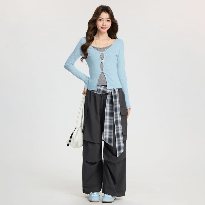 Color-Block Faux Layered Long Sleeve Slim Top
