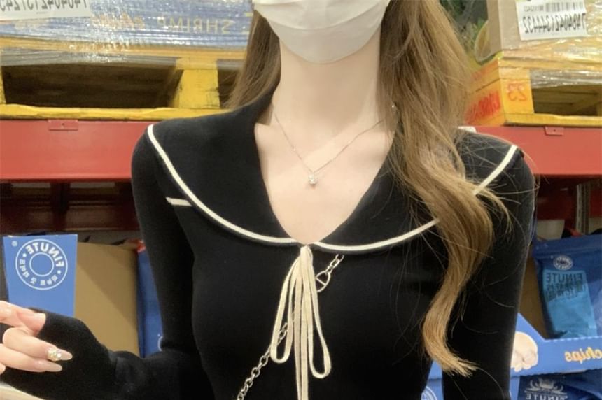 Sailor Collar Knit Top with Tie Front and Long Sleeves