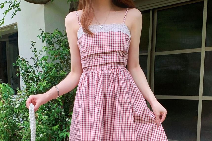 Spaghetti Strap Plaid Lace Trim Midi A-Line Dress