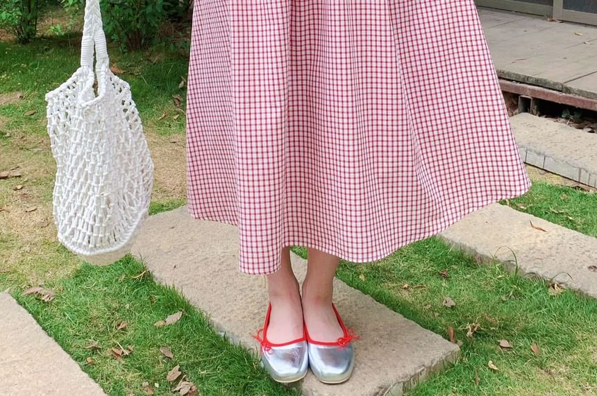 Spaghetti Strap Plaid Lace Trim Midi A-Line Dress