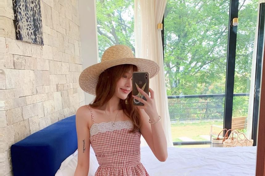 Spaghetti Strap Plaid Lace Trim Midi A-Line Dress