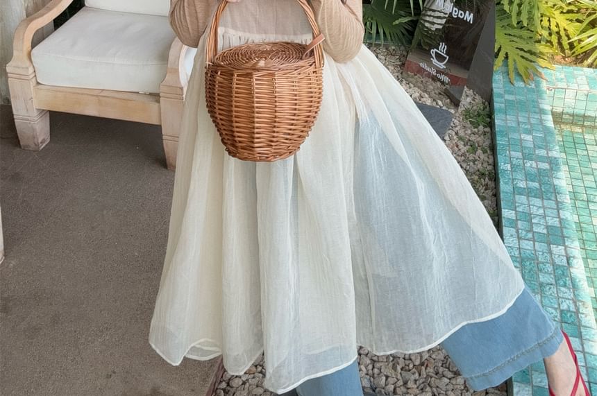 Spaghetti Strap Plain Gathered Midi A-Line Dress / Long Sleeve Mock Neck Plain Top