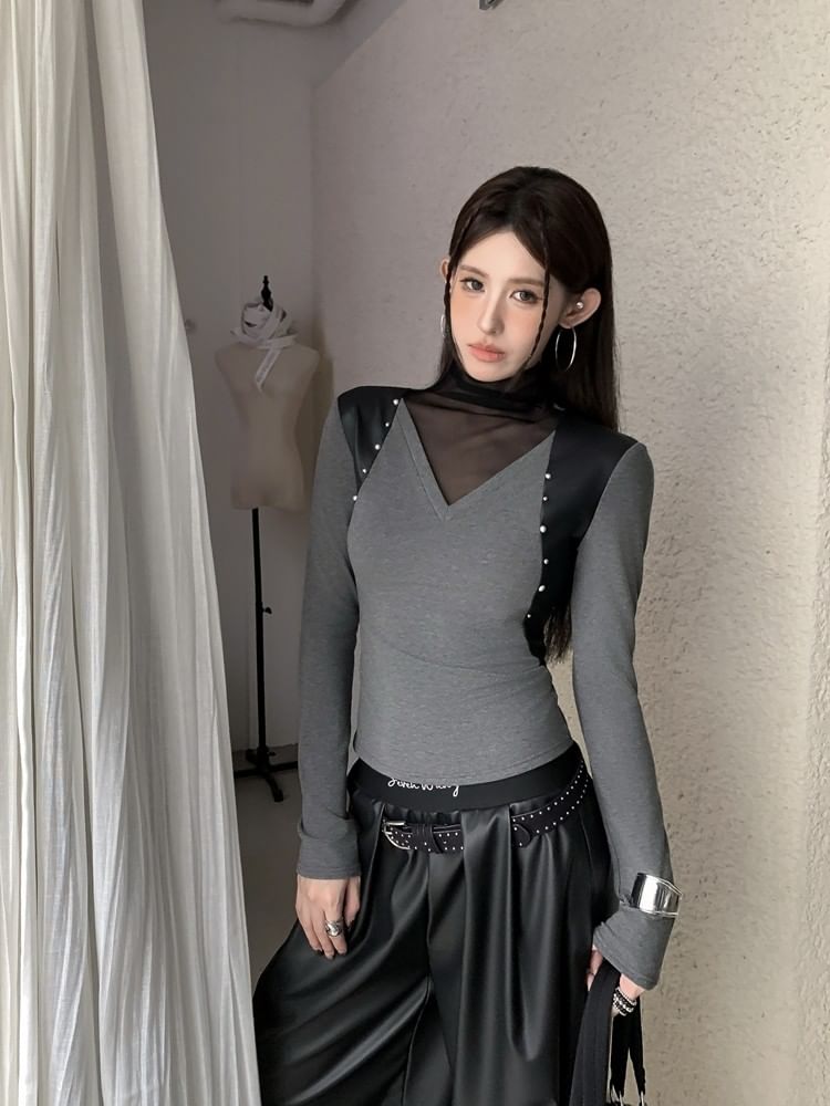 Mock Neck Mesh Panel Studded Slim Tee