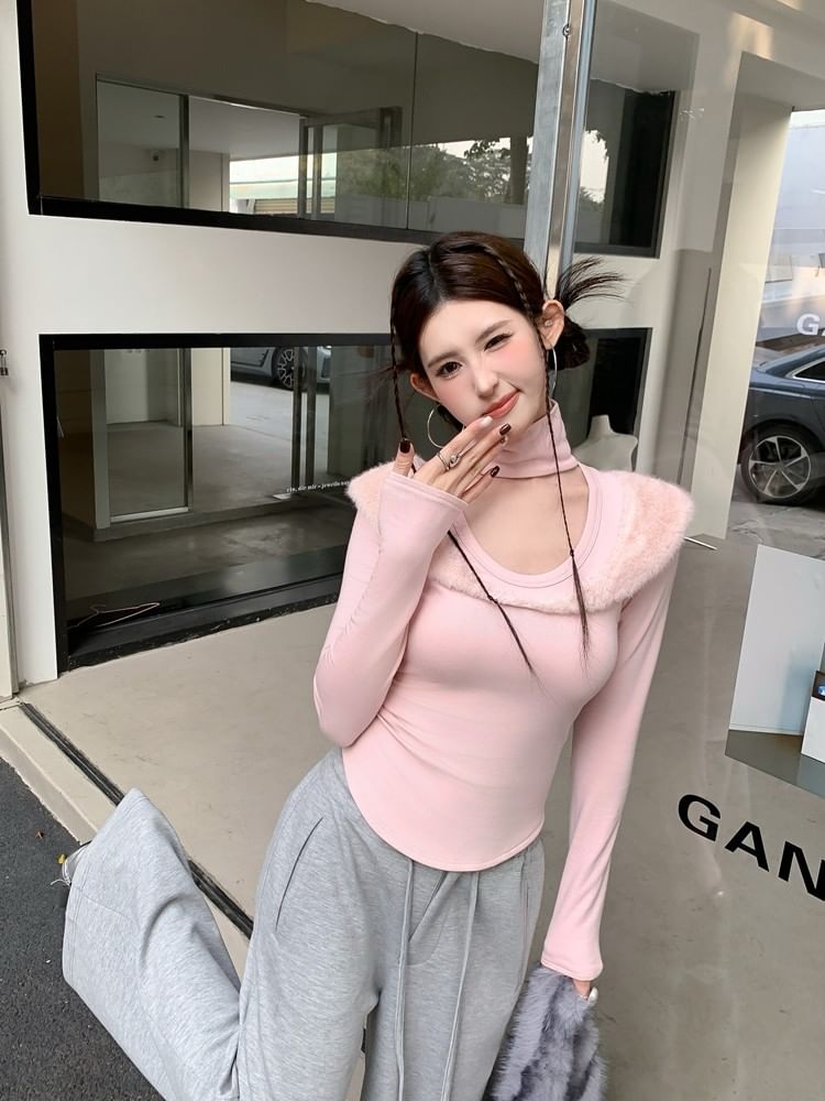 Halter Turtleneck Fluffy Panel Long Sleeve Slim Tee