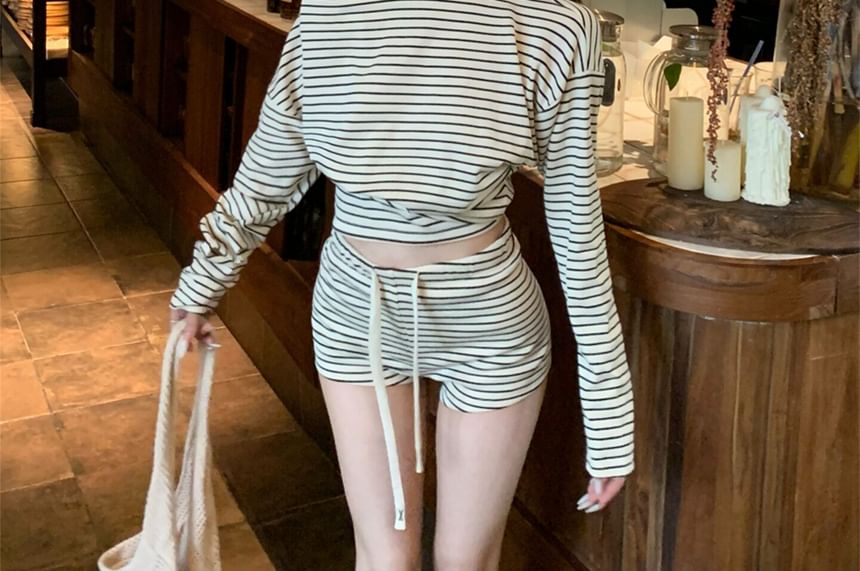 Off-Shoulder Striped Crop Tee with Drawstring Waist Shorts