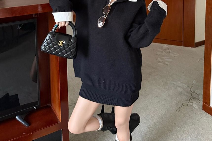 Two-Piece Collared Two-Tone Sweater with High Waist Pencil Skirt