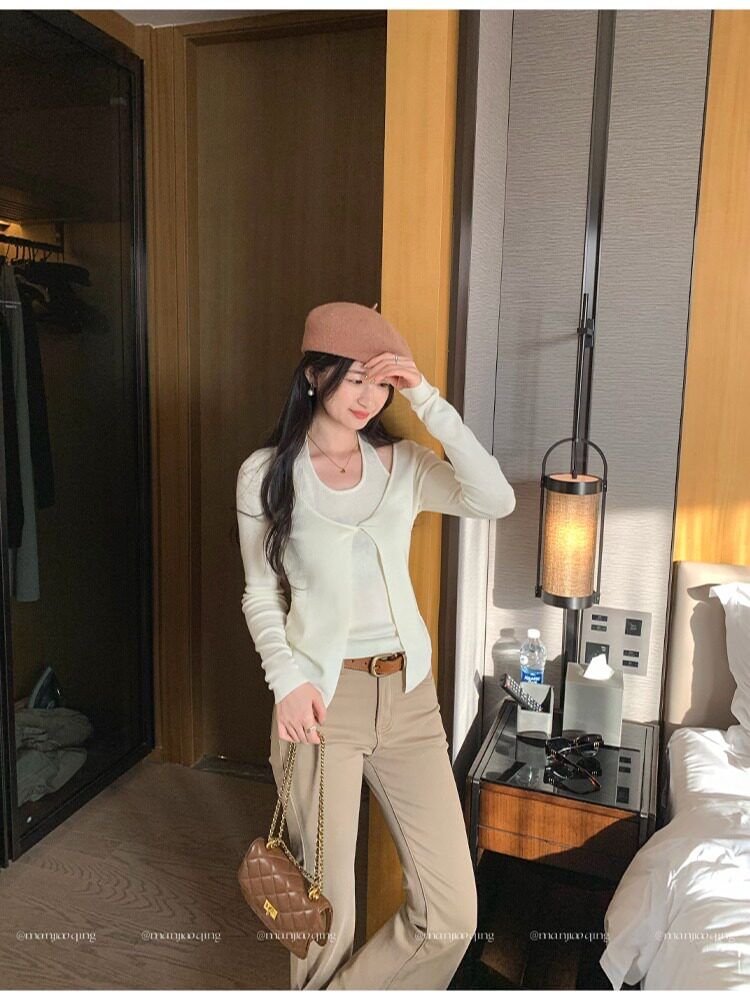 Halter Neck Twisted Slit Knit Top with Mock Two-Piece Style