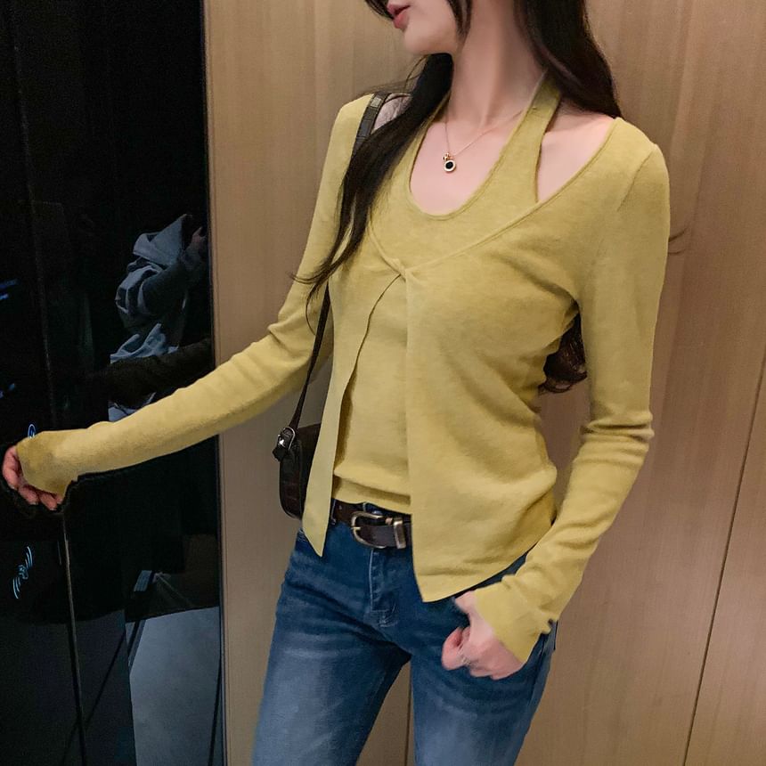 Halter Neck Twisted Slit Knit Top with Mock Two-Piece Style
