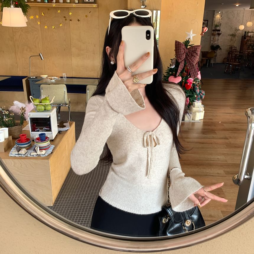 V-Neck Knit Crop Top with Tie Front and Long Sleeves