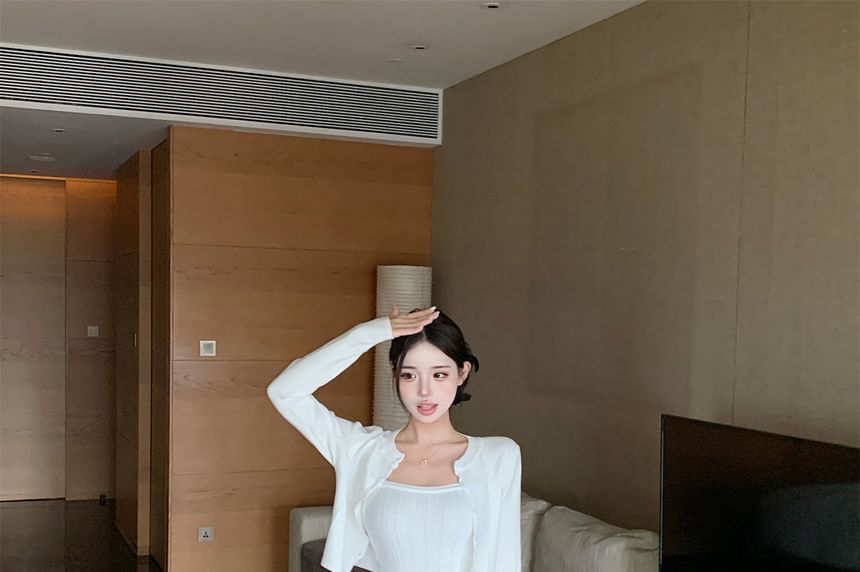 Set: Round Neck Plain Cardigan + Spaghetti Strap Scoop Neck Plain Mini A-Line Dress
