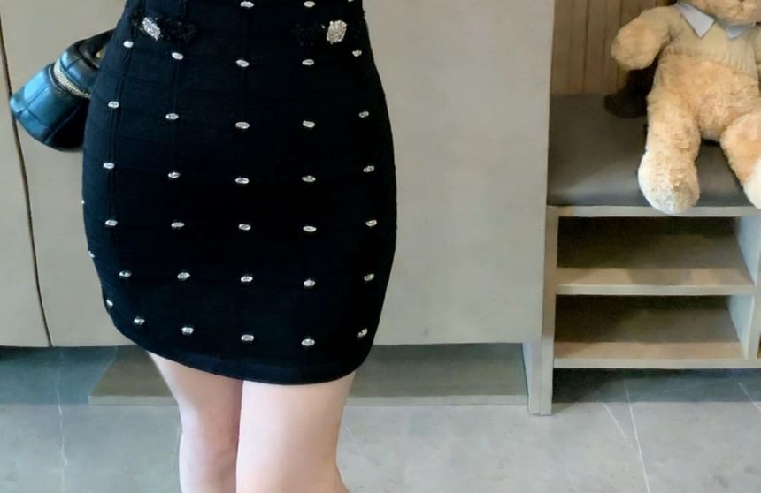 Spaghetti Strap Rhinestone Mini Bodycon Dress