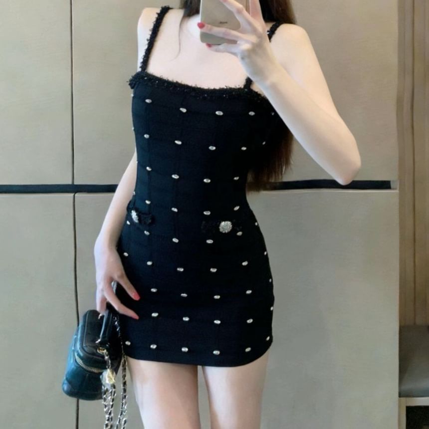 Spaghetti Strap Rhinestone Mini Bodycon Dress
