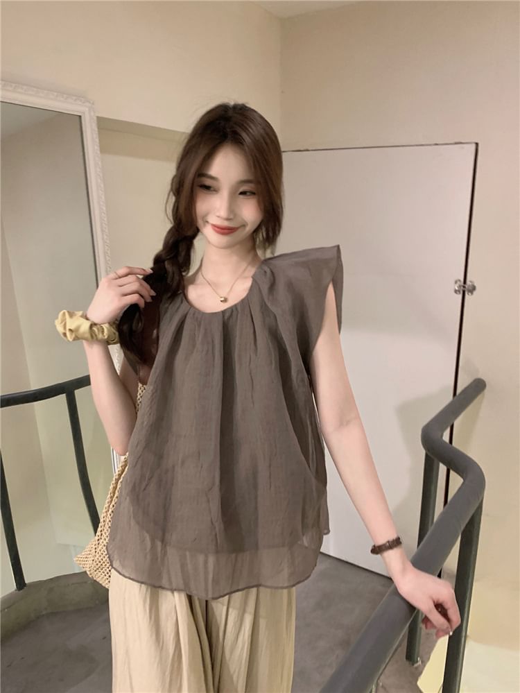 Flowy U-Neck Blouse with Cap Sleeves