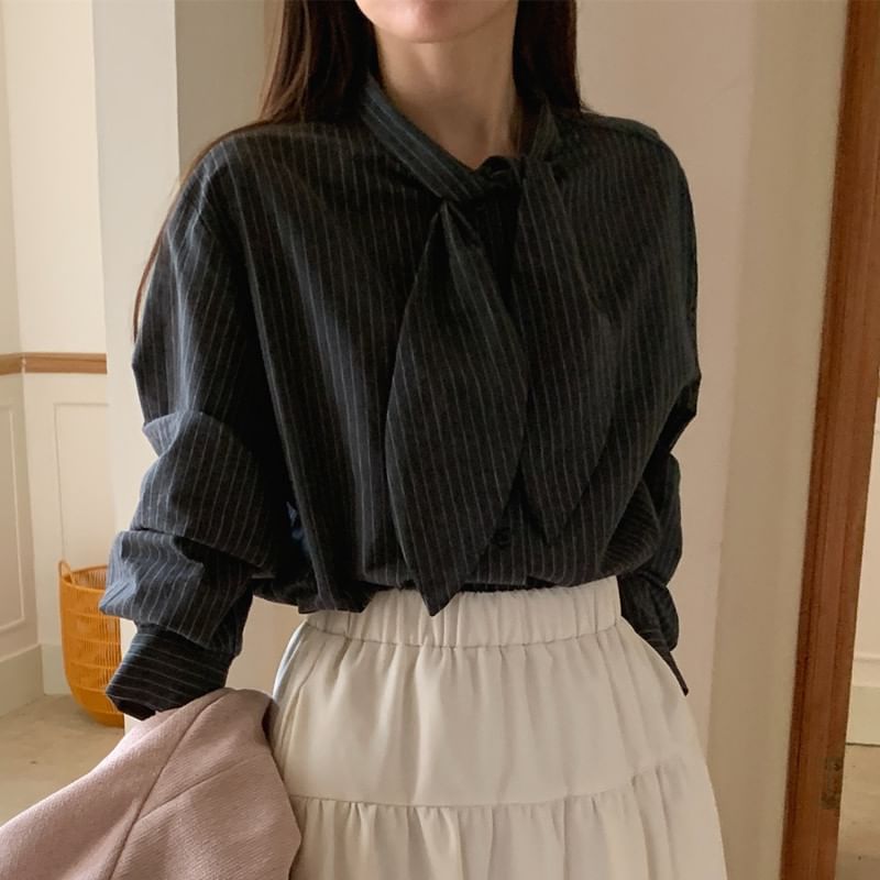 Pinstripe Tie Neck Shirt with Long Sleeves
