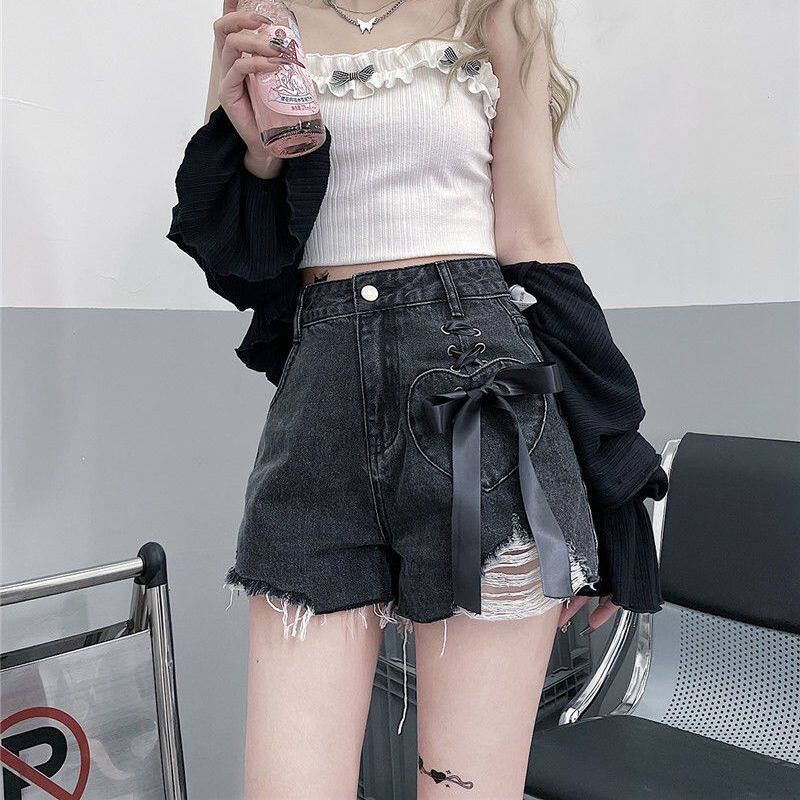 High Waist Washed Distressed Lace-Up Denim Hot Pants