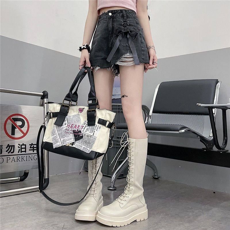 High Waist Washed Distressed Lace-Up Denim Hot Pants