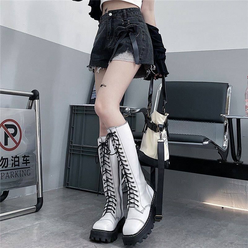 High Waist Washed Distressed Lace-Up Denim Hot Pants