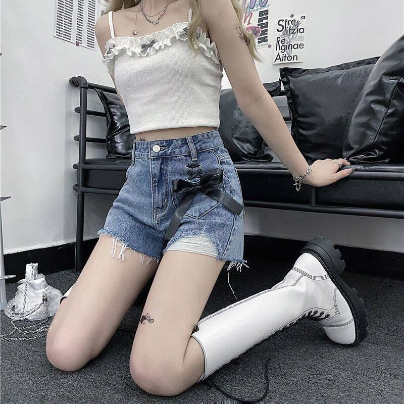 High Waist Washed Distressed Lace-Up Denim Hot Pants
