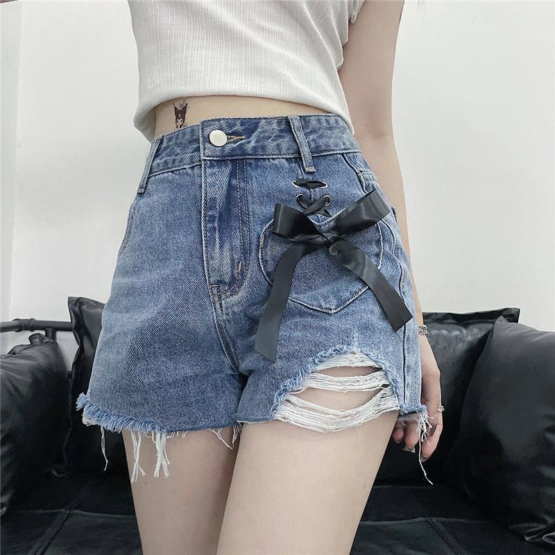 High Waist Washed Distressed Lace-Up Denim Hot Pants