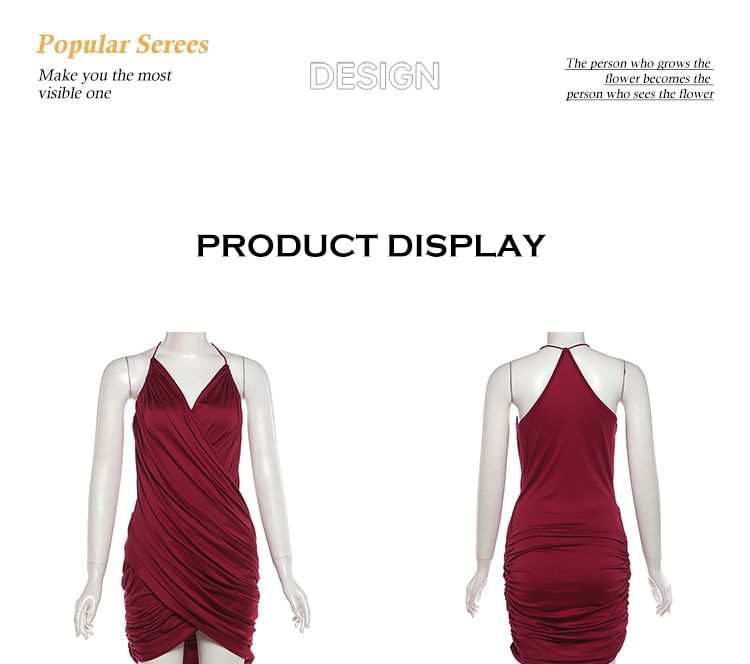 Spaghetti Strap V-Neck Plain Wrap Ruched Mini Bodycon Dress