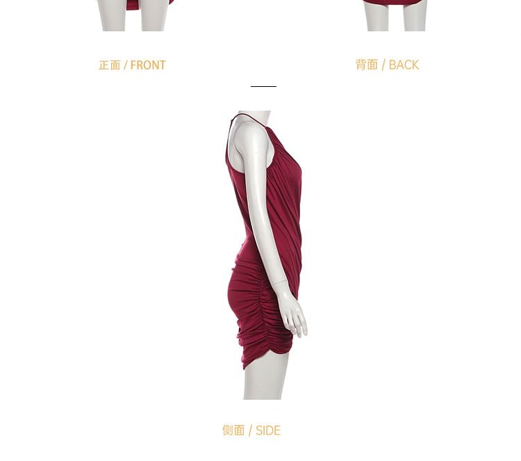 Spaghetti Strap V-Neck Plain Wrap Ruched Mini Bodycon Dress