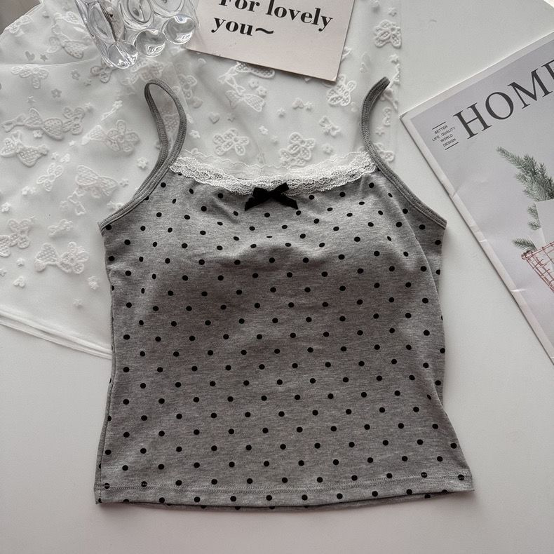 Dotted Lace Trim Scoop Neck Fitted Camisole