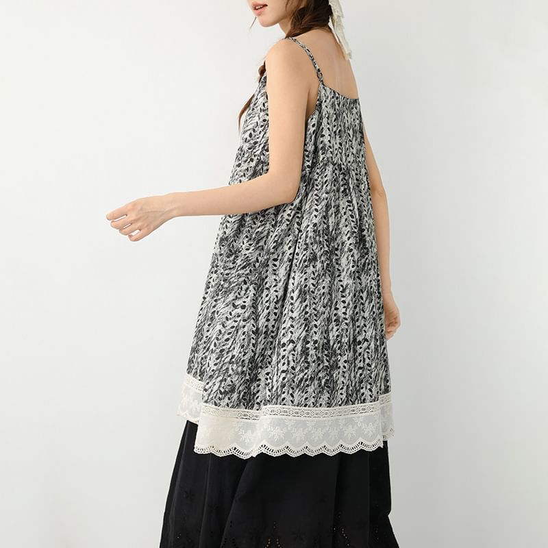 Spaghetti Strap Tie Dye Lace Panel Overall Dress