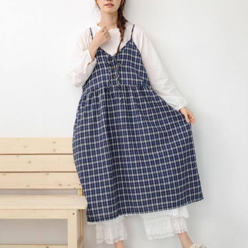 Spaghetti Strap V-Neck Plaid Tie Front Midi Overall Dress