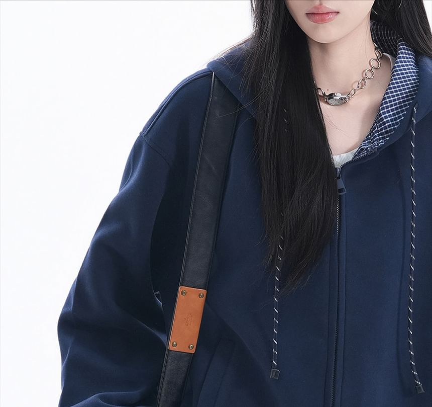 Checkered Zip-Up Hooded Jacket with Contrast Panels