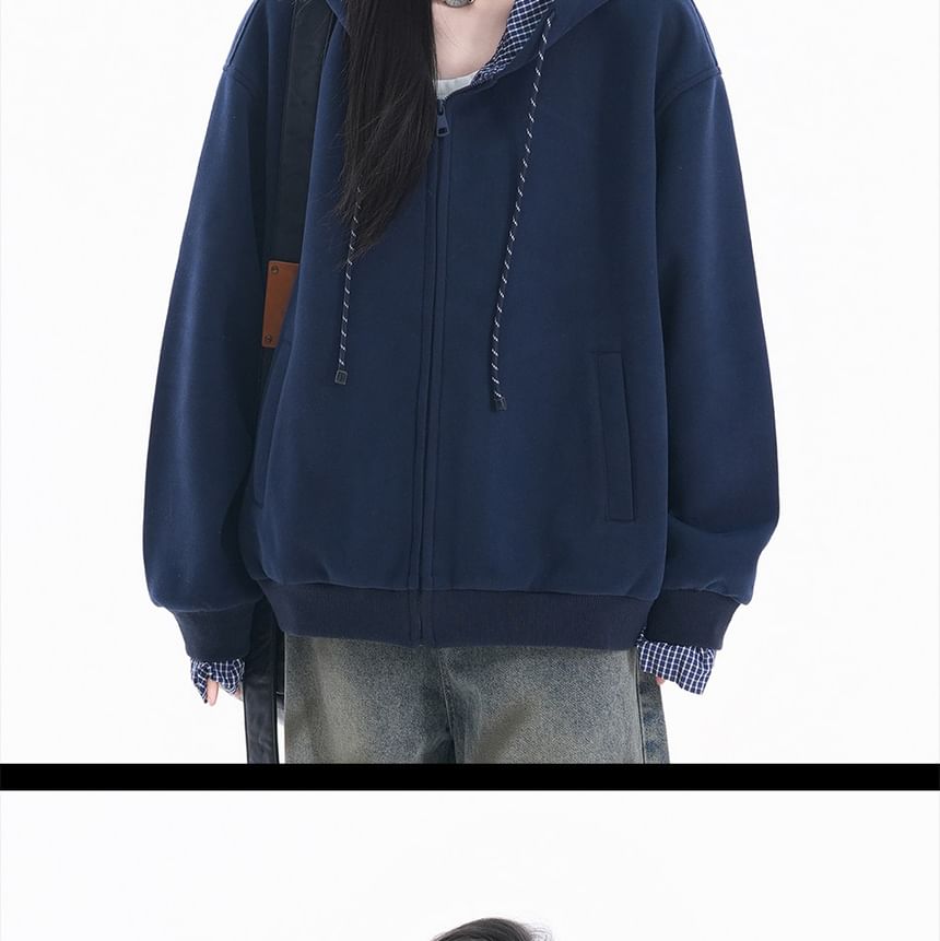 Checkered Zip-Up Hooded Jacket with Contrast Panels