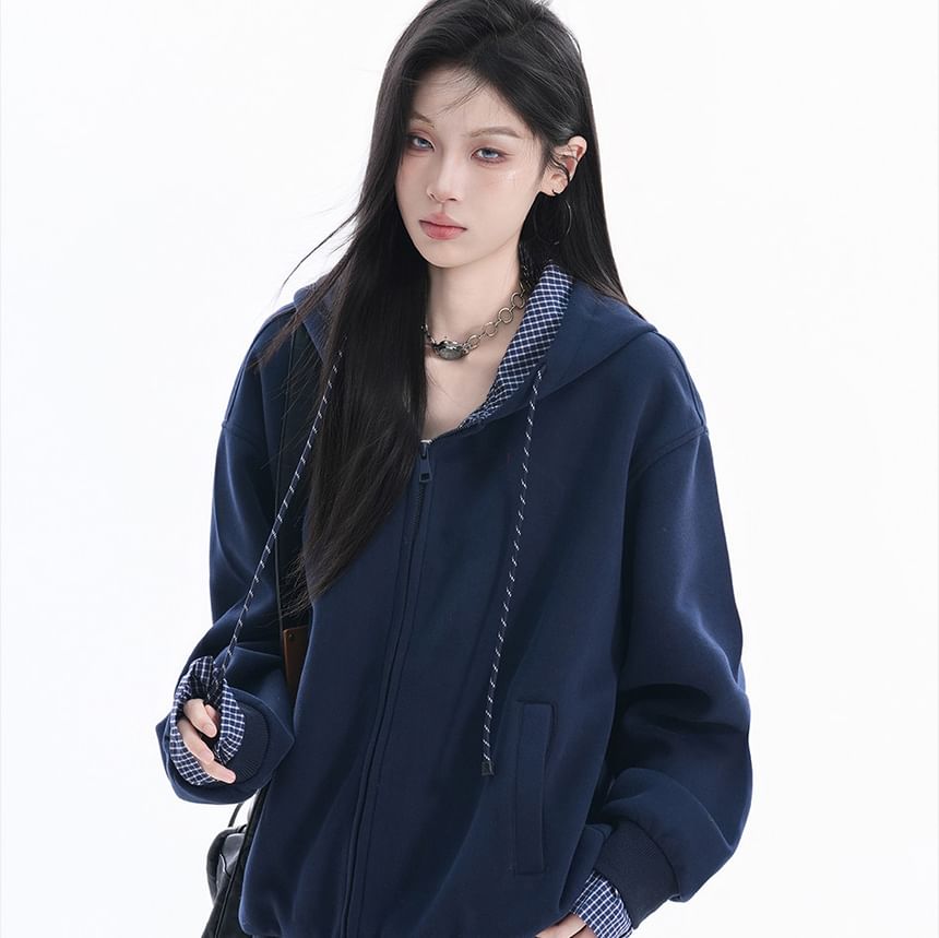 Checkered Zip-Up Hooded Jacket with Contrast Panels