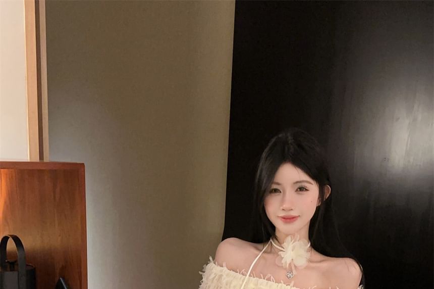 Off Shoulder Lace Top and Tiered Mini Skirt Set