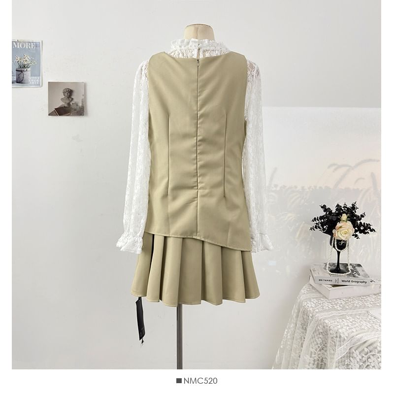 Long Sleeve Mock Two Piece Lace Panel Slim-Fit Top with High Waist Mini Pleated Skirt