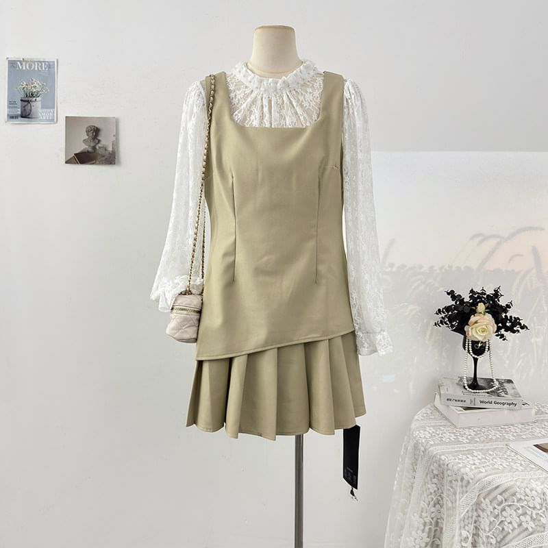 Long Sleeve Mock Two Piece Lace Panel Slim-Fit Top with High Waist Mini Pleated Skirt