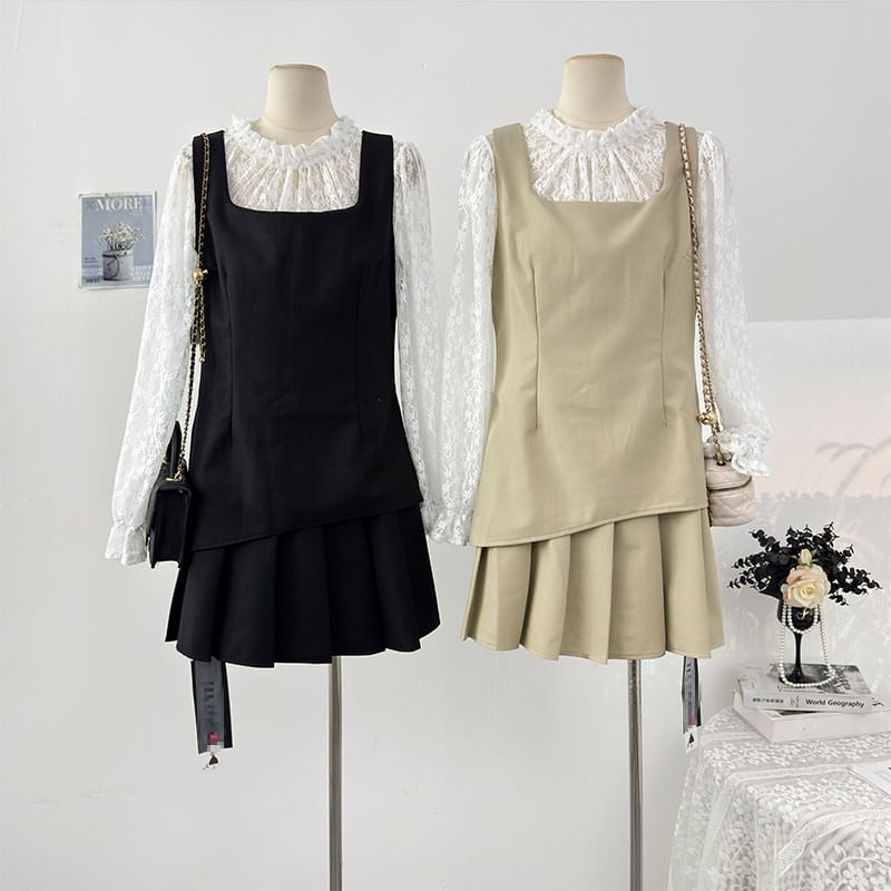Long Sleeve Mock Two Piece Lace Panel Slim-Fit Top with High Waist Mini Pleated Skirt