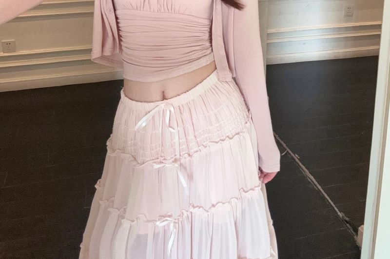 Plain Ruched Crop Camisole Top / Drawstring Waist Frill Trim Sheer Maxi A-Line Skirt / V-Neck Button-Up Cardigan