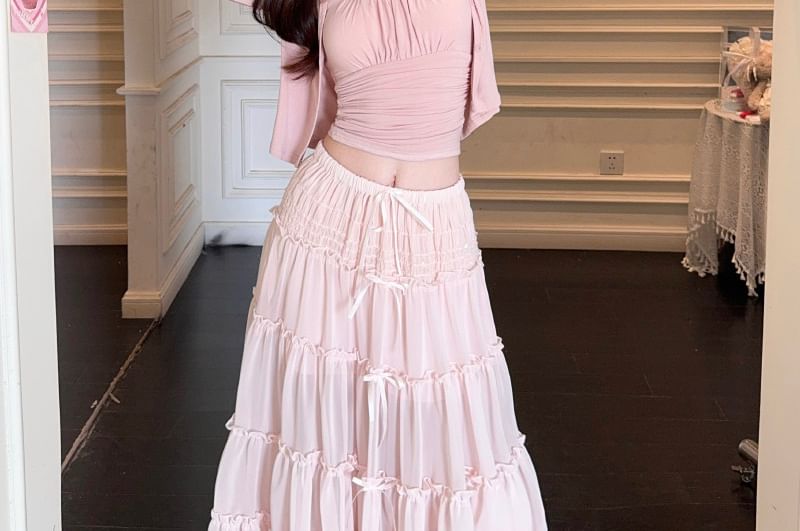Plain Ruched Crop Camisole Top / Drawstring Waist Frill Trim Sheer Maxi A-Line Skirt / V-Neck Button-Up Cardigan