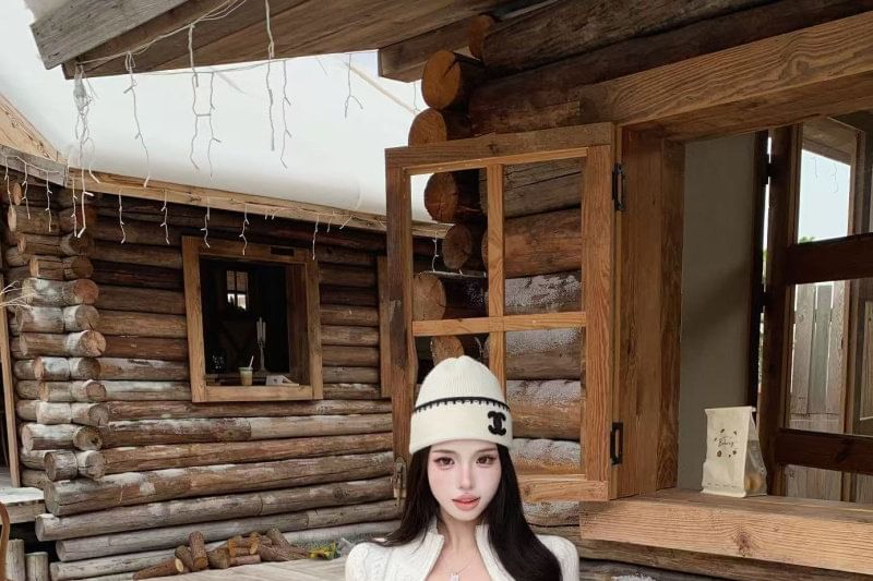 Stand Collar Zip-Up Plain Cable Knit Cardigan / Scoop Neck Slim Fit Tank Top / Low Rise Hot Pants
