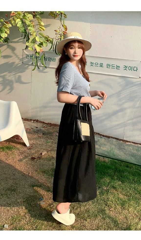 Square Neck Ribbed Top and Gathered A-Line Midi Skirt