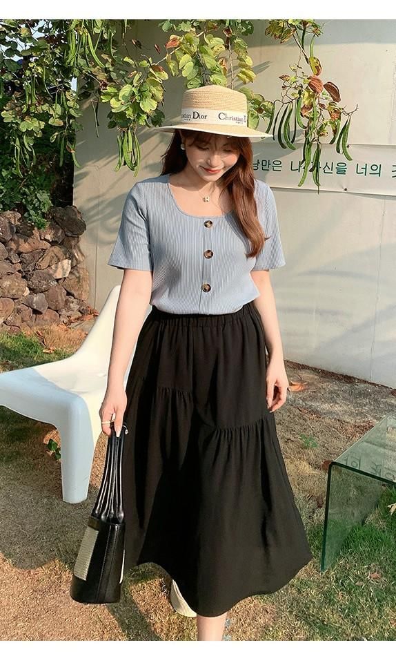 Square Neck Ribbed Top and Gathered A-Line Midi Skirt