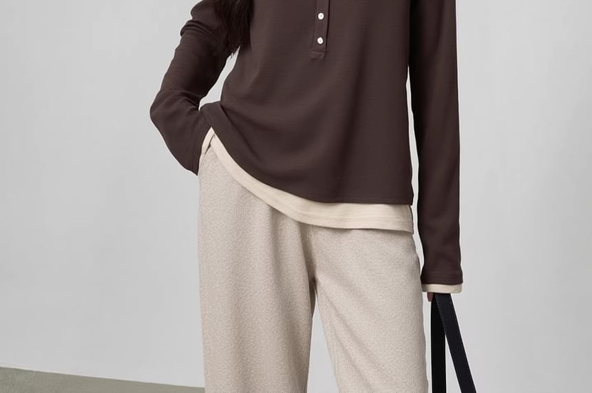 Mock Two-Piece Henley Tee with Long Sleeves